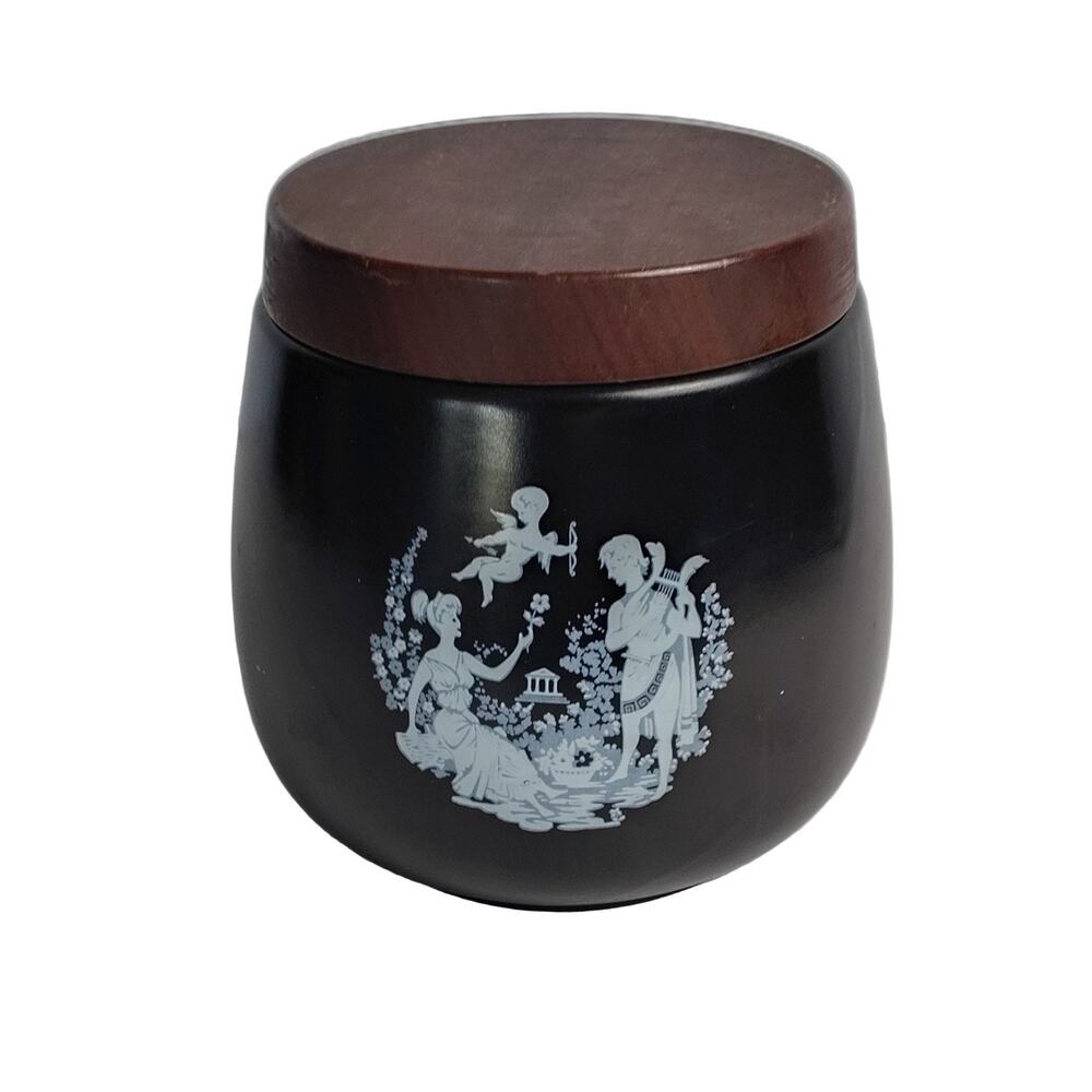 Vintage Ceramic Jar Canister Black White Brown Classical Scene Wood Lid Italy